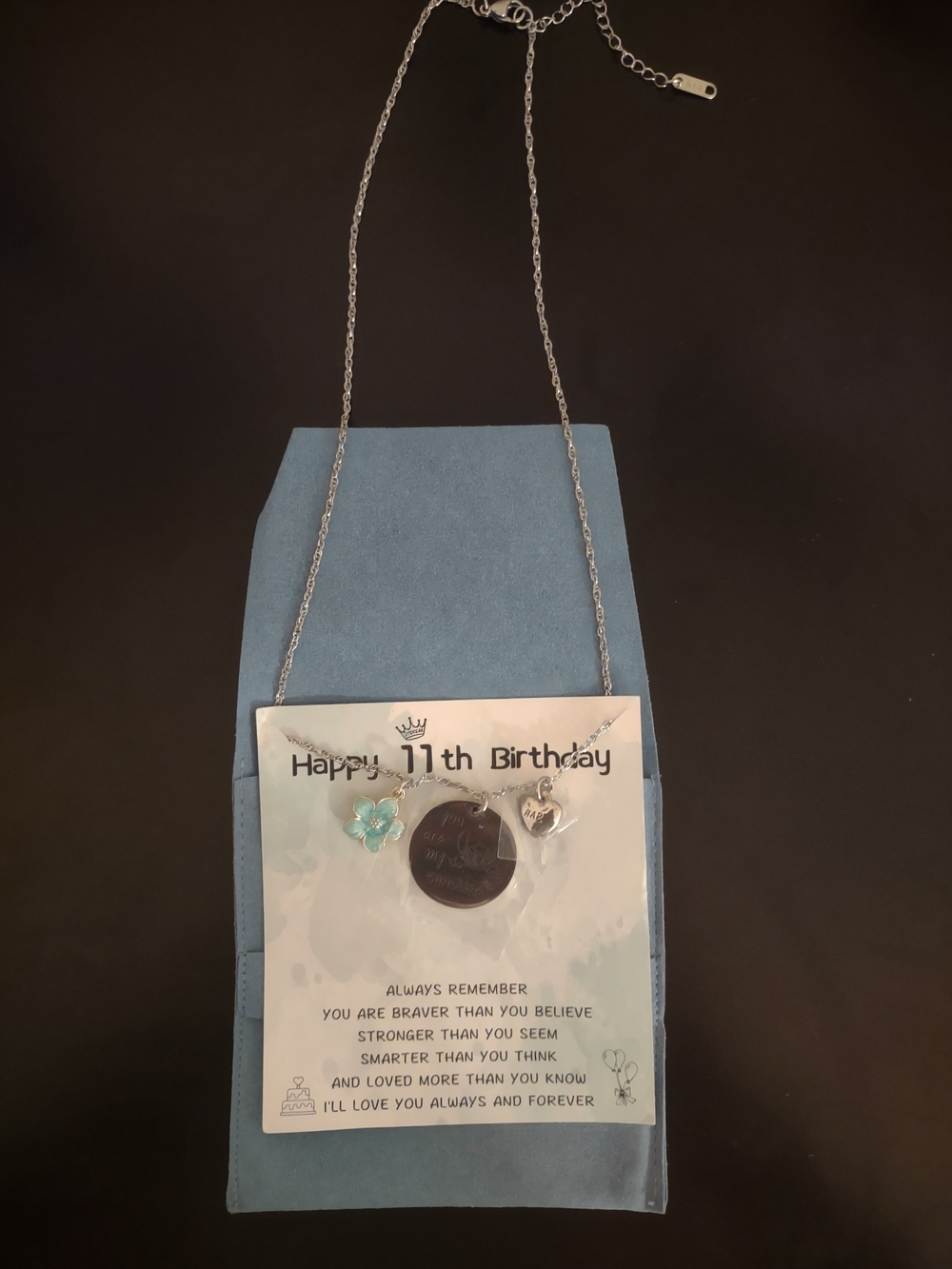 Silver Pendant Necklace with Aqua Flower Charm - Happy 11th Birthday